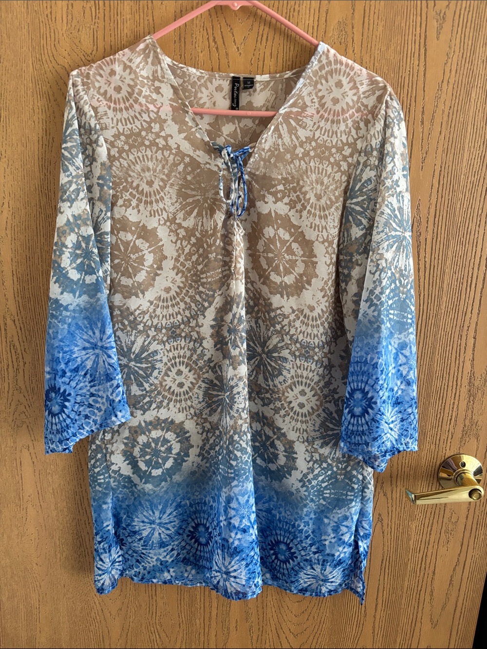 Boho V-Neck Swim Coverup Tunic in Blue and Cream